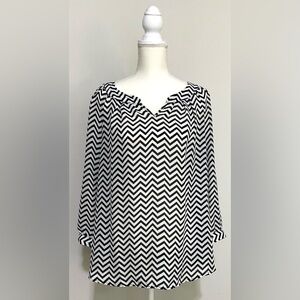 Spense Womens XL Black/White Chevron Print Long Sleeve Top Classic Preppy Office